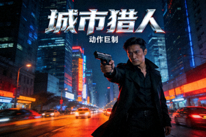 动作电影《城市猎人》高清海报，主角持枪站在城市夜景中